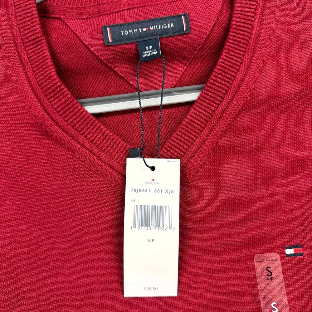 Tommy Hilfiger Sweater Mens Small Red‎ Iconic Flag Logo Ribbed Cuffed Hem V-Neck
